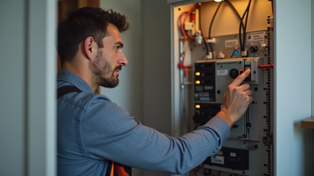 Électricien inspectant un tableau électrique en gros plan, avec des outils à proximité