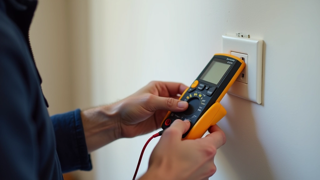Électricien utilisant un multimètre pour tester l'électricité sur un mur, vérification de la sécurité