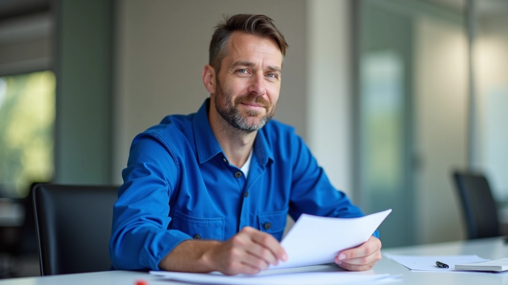 Professionnel en uniforme bleu tenant un devis, bureau avec documentation, éclairage naturel professionnel