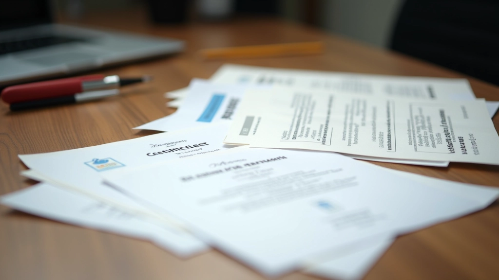 Documents et certifications d'un plombier professionnel étalés sur un bureau avec dossiers colorés