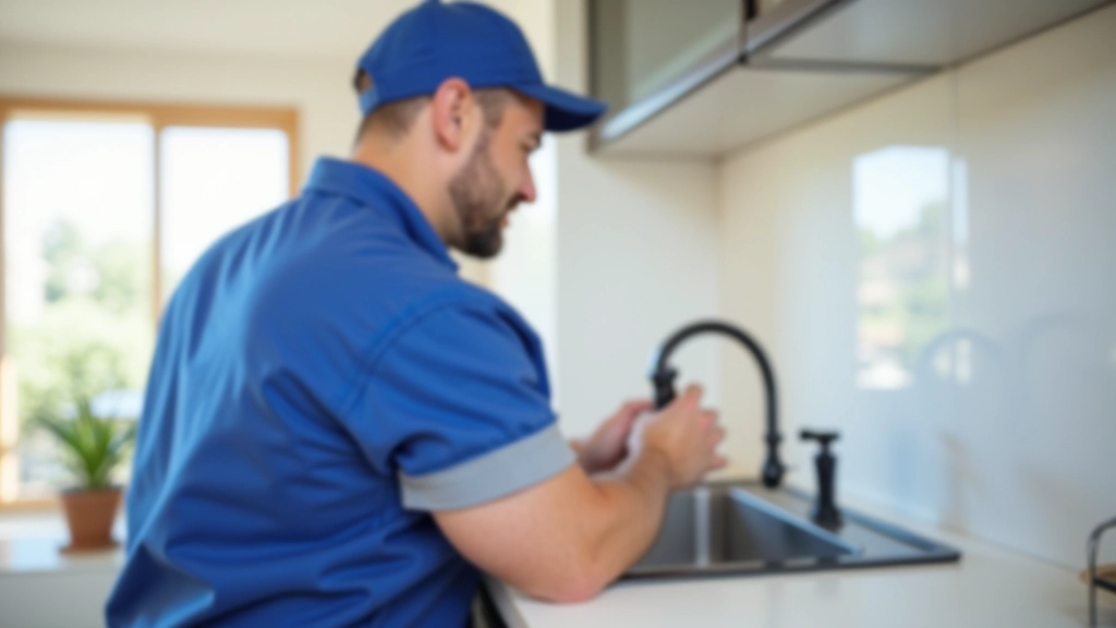 Artisan plombier qualifié travaillant dans une cuisine moderne avec outils professionnels