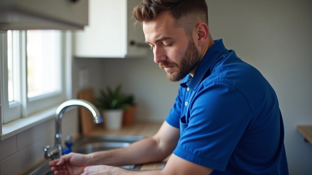 Homme plombier en uniforme bleu travaillant sur une canalisation sous un évier