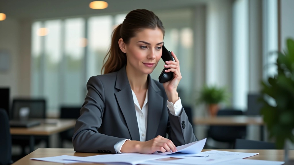 Support client professionnel au téléphone, environnement de travail moderne avec documentation