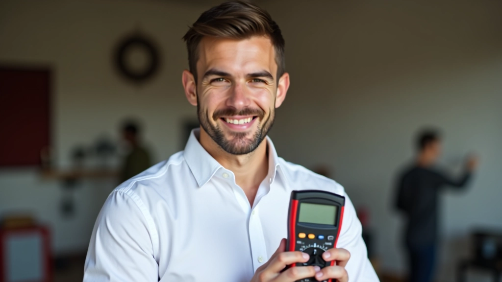 Jeune électricien tenant un multimètre, posant pour un portrait professionnel